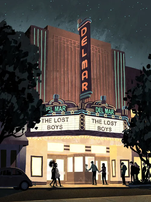 Illustration of Santa Cruz Del Mar movie theater. 
