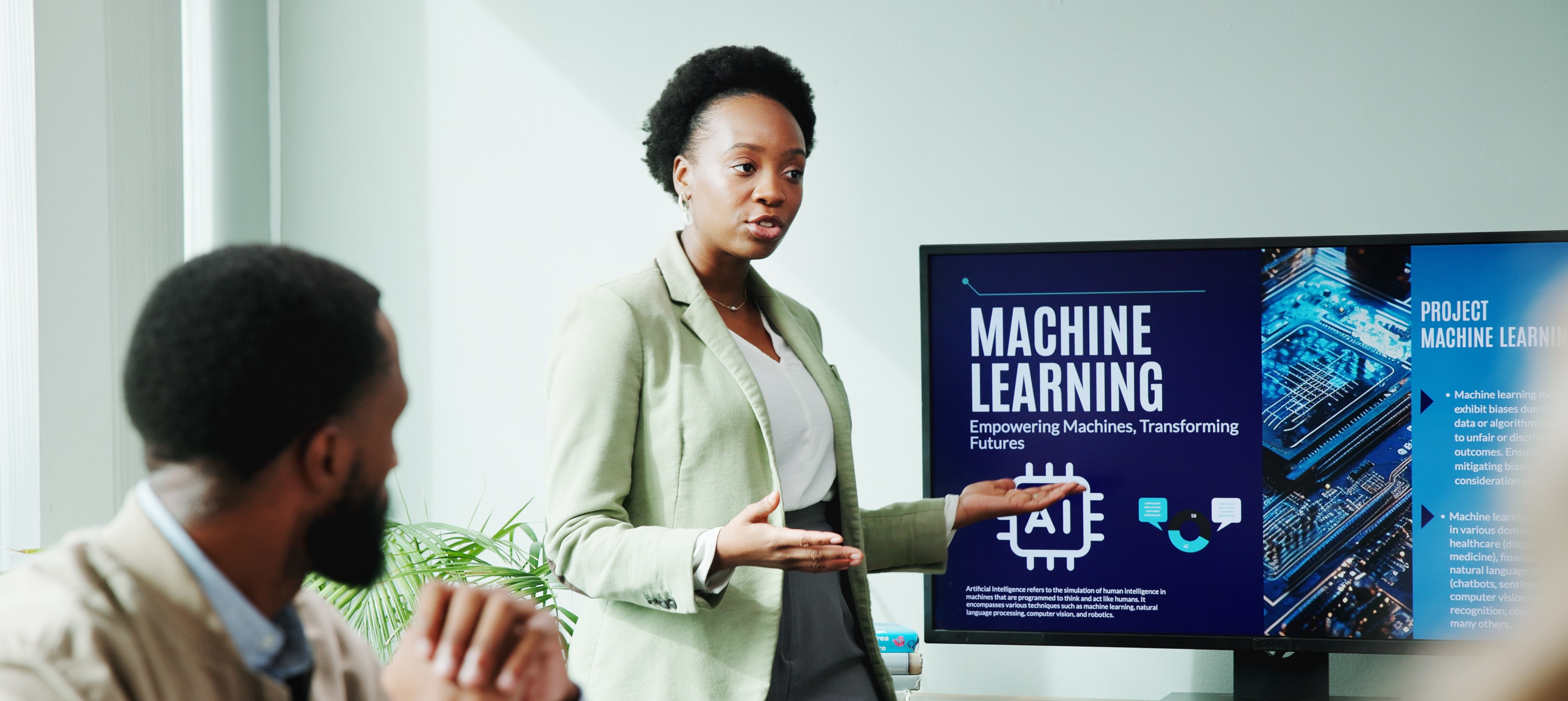 Woman presenting about AI