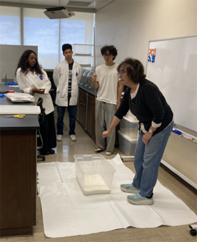 Action photograph of Olenka Hubicjky with students in a classroom.
