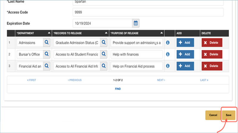MySJSU Authorize Access to Records page showing a table of departments (Admissions, Bursar’s Office, Financial Aid), records to release, and purpose of release, with Add and Delete buttons for each row. The Save button is highlighted at the bottom right.