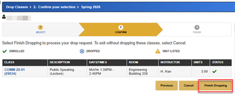 screenshot where to click finish dropping on MySJSU