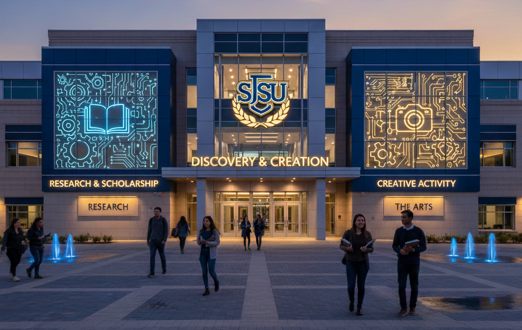 Digital art of a building with the words, Research, Scholarship, and Creative Activity.