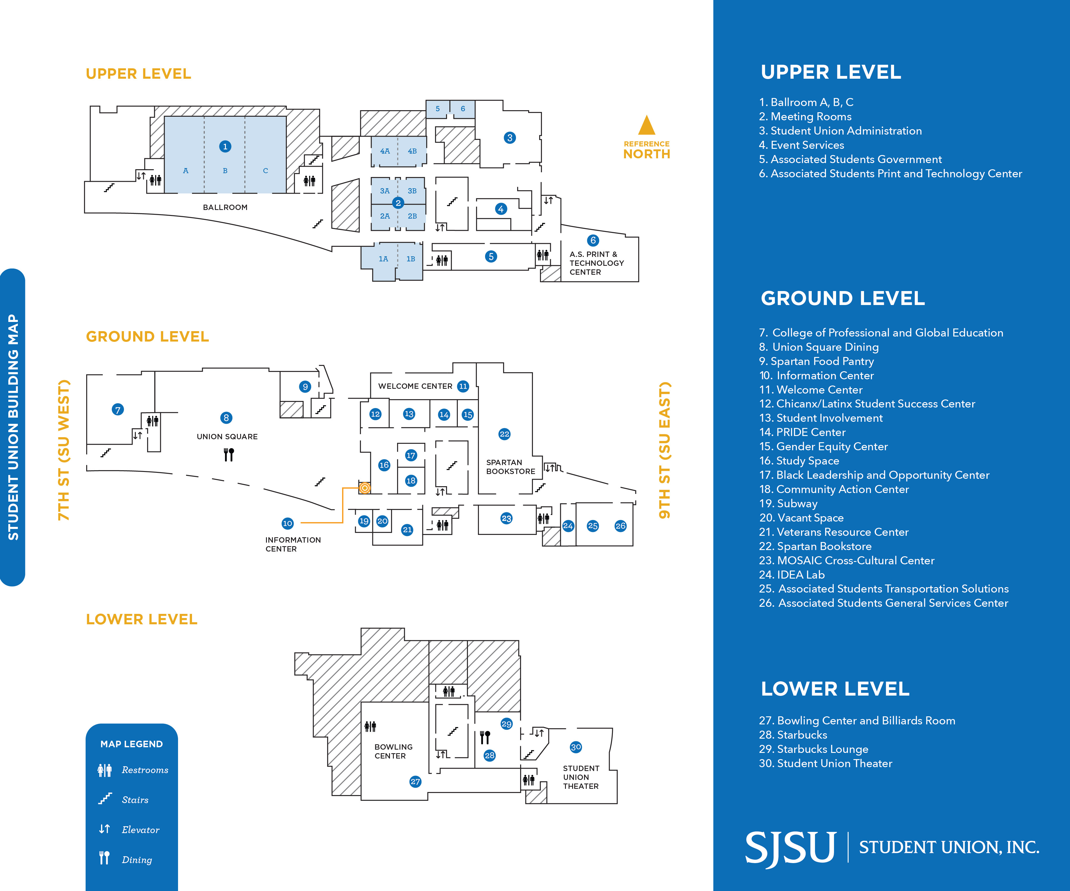 Floor plan of the Student Union building with labeled maps for the upper, ground, and lower levels, accompanied by a legend and list of department locations.